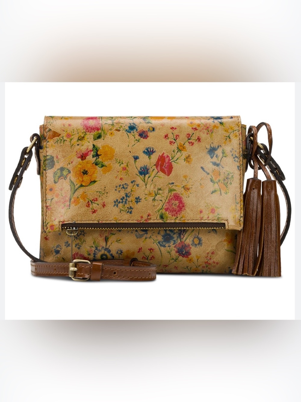 Patricia Nash Prairie Rose  Corfu Small Floral Print Crossbody Bag with Tassels